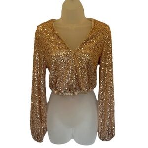 American Threads Long Sleeve Rose Gold Sequin Crop beautiful cut out back NWT